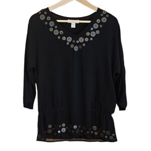 Coldwater Creek Blouse Embellished VNeck Longer Black Women's XSmall (4-6)